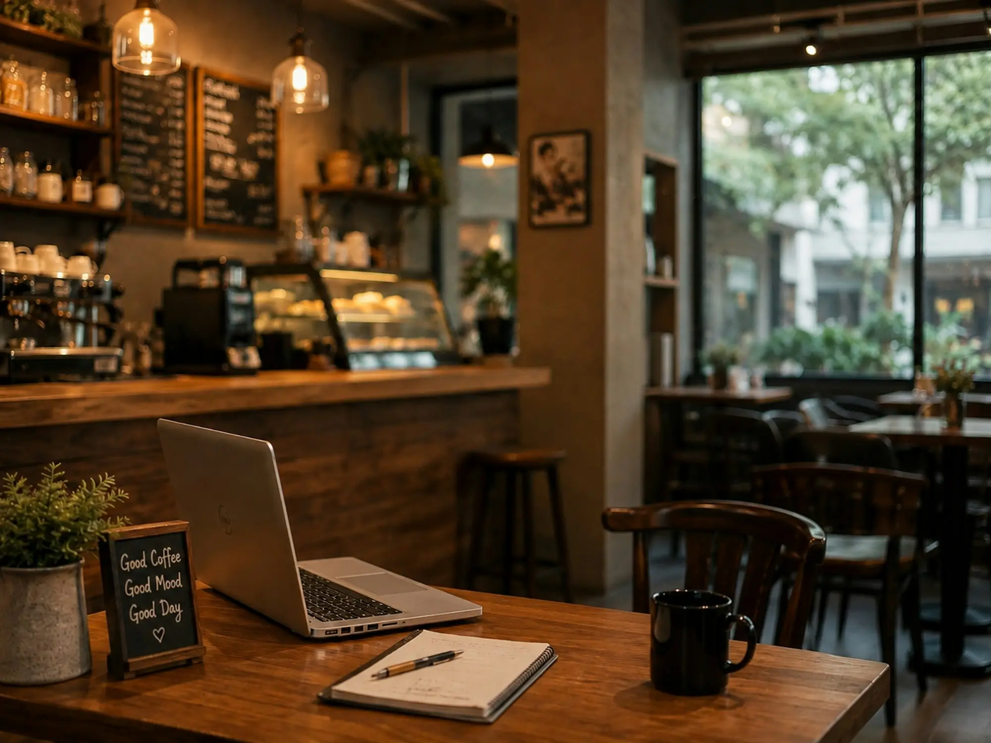 Cafe owner checking payroll figures on a laptop at the counter after close